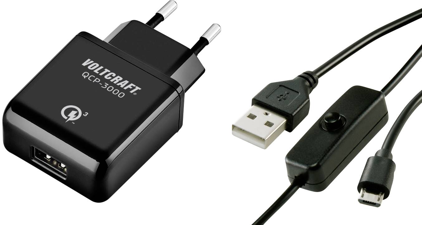 USB-Ladegerät und Kabel von VOLTCRAFT, Modell QLC-3000, mit USB- und Micro-USB-Anschlüssen, geeignet für schnelles Laden.