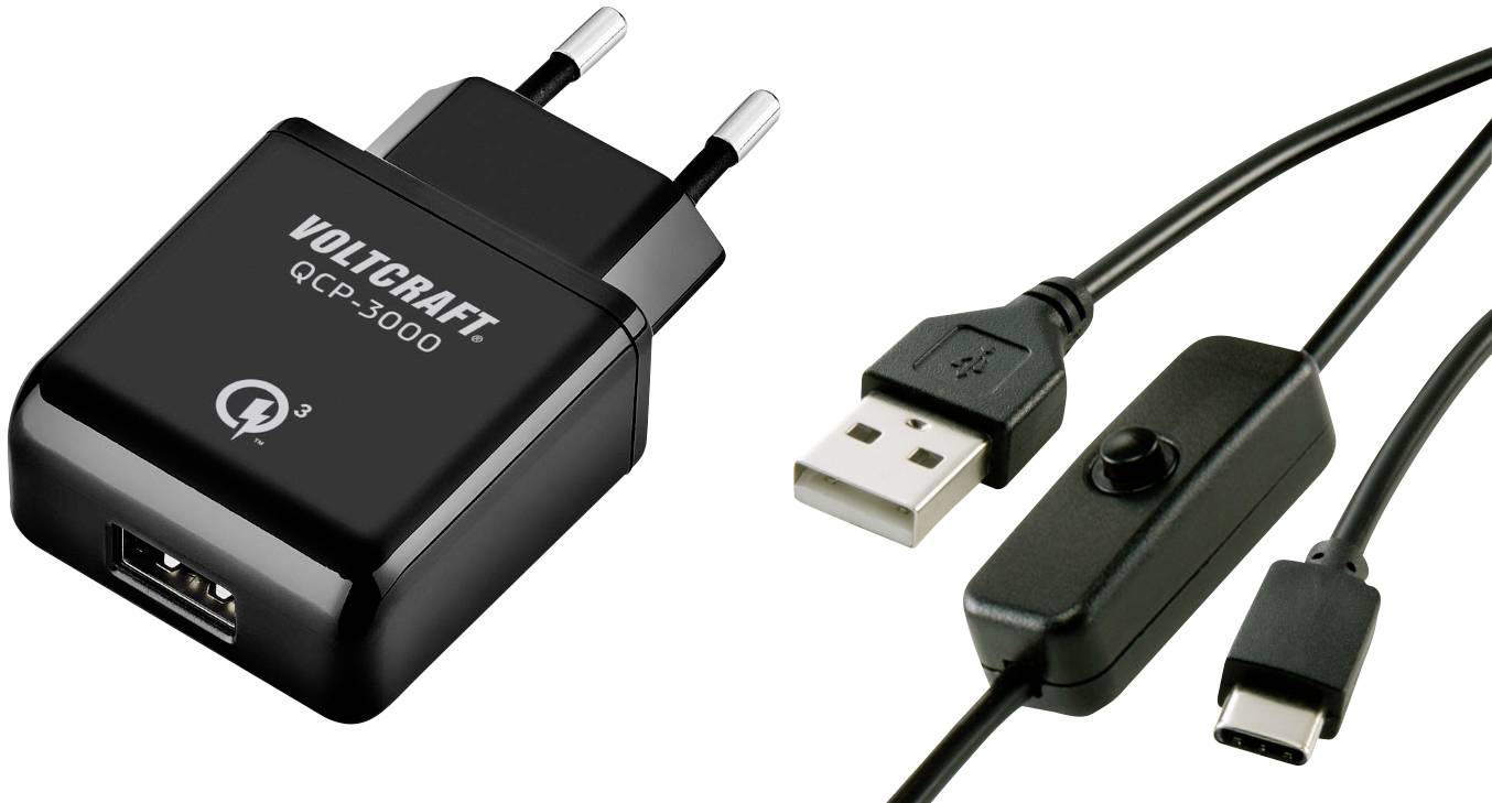 Schwarzes USB-Ladegerät mit Quick Charge-Technologie, daneben liegt ein USB-Kabel mit Ein-/Ausschalter und USB-C-Stecker.