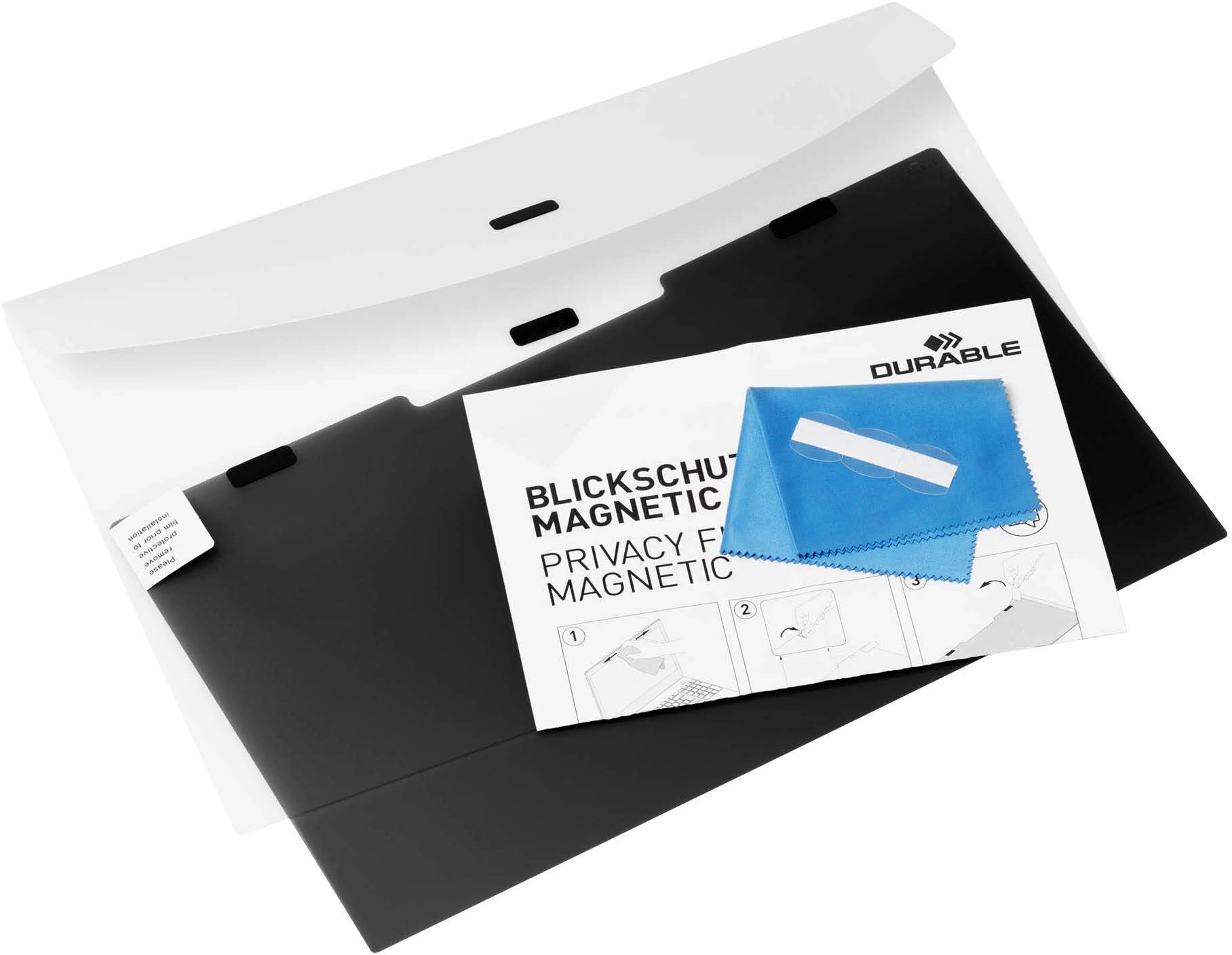 Schwarzer magnetischer Blickschutzfilter von Durable mit Reinigungsset in blauem Tuch, geeignet zum Schutz der Privatsphäre am Bildschirm.