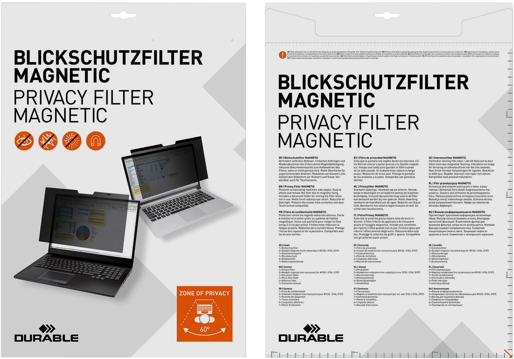 Verpackung für 'Blickschutzfilter Magnetic' von Durable. Zeigt Laptops mit und ohne Filter. Betont Privatsphäre und Schutz.