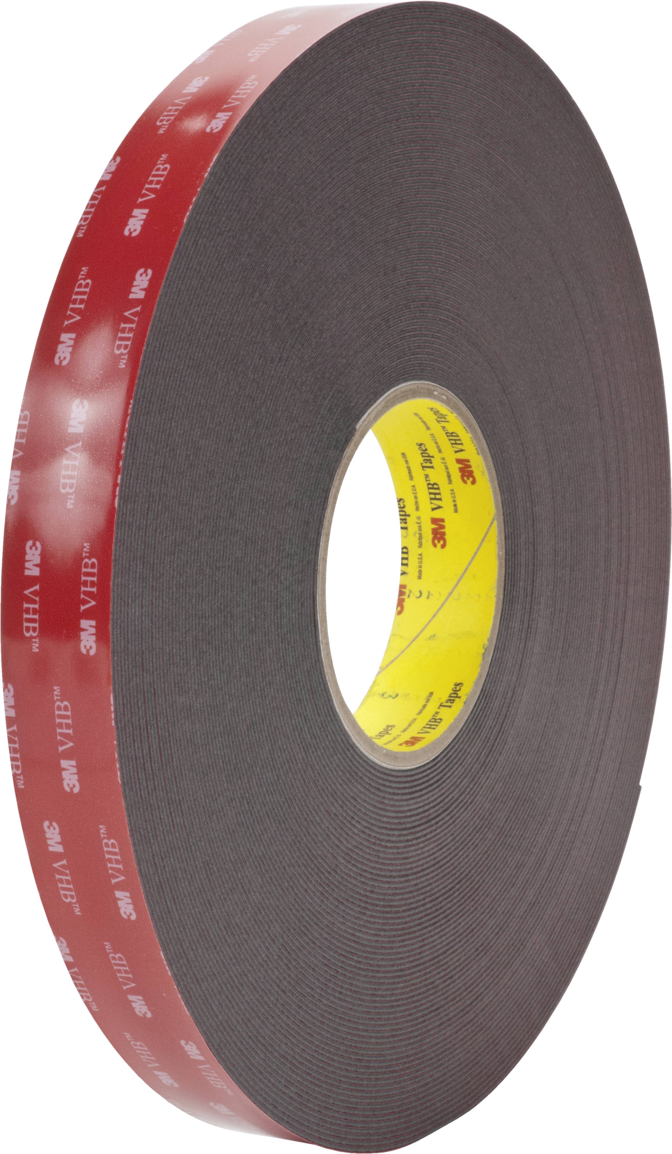 Rolle aus schwarzem Schaumstoffklebeband mit rot bedrucktem Schutzfilm; Markenlogo '3M VHB' sichtbar. Geeignet für starke Verbindungen.