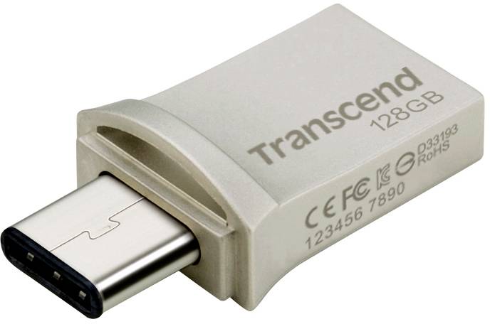 USB-Stick von Transcend mit 128GB Kapazität, silberne Farbe, USB-C-Anschluss. Geeignet für Speichererweiterung und Datentransfer.