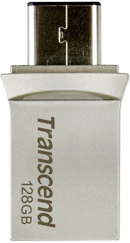 USB-Stick mit 128 GB Kapazität von Transcend, zeigt die USB-C-Schnittstelle an der Oberseite.