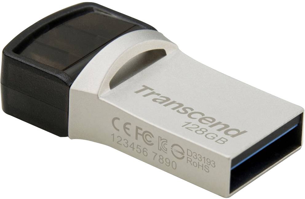 USB-Stick von Transcend mit einer Speicherkapazität von 128 GB, silbernes Gehäuse, schwarzer Steckerbereich, Modellnummern sichtbar.