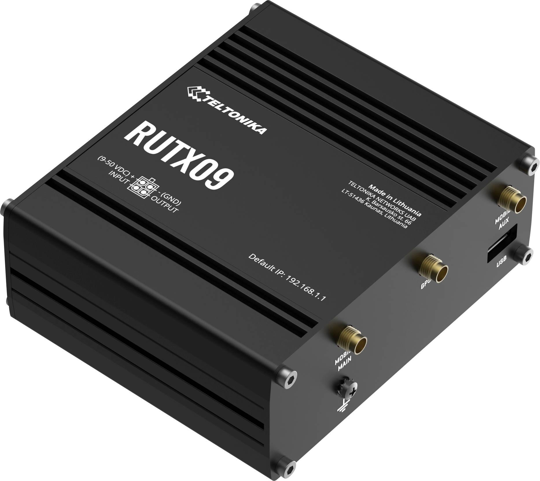 Schwarzer Teltonika RUTX09 Router/Modem in Dreiviertelsicht mit Antennen/Steckern an der Seite und „Standard-IP: 192.168.1.1