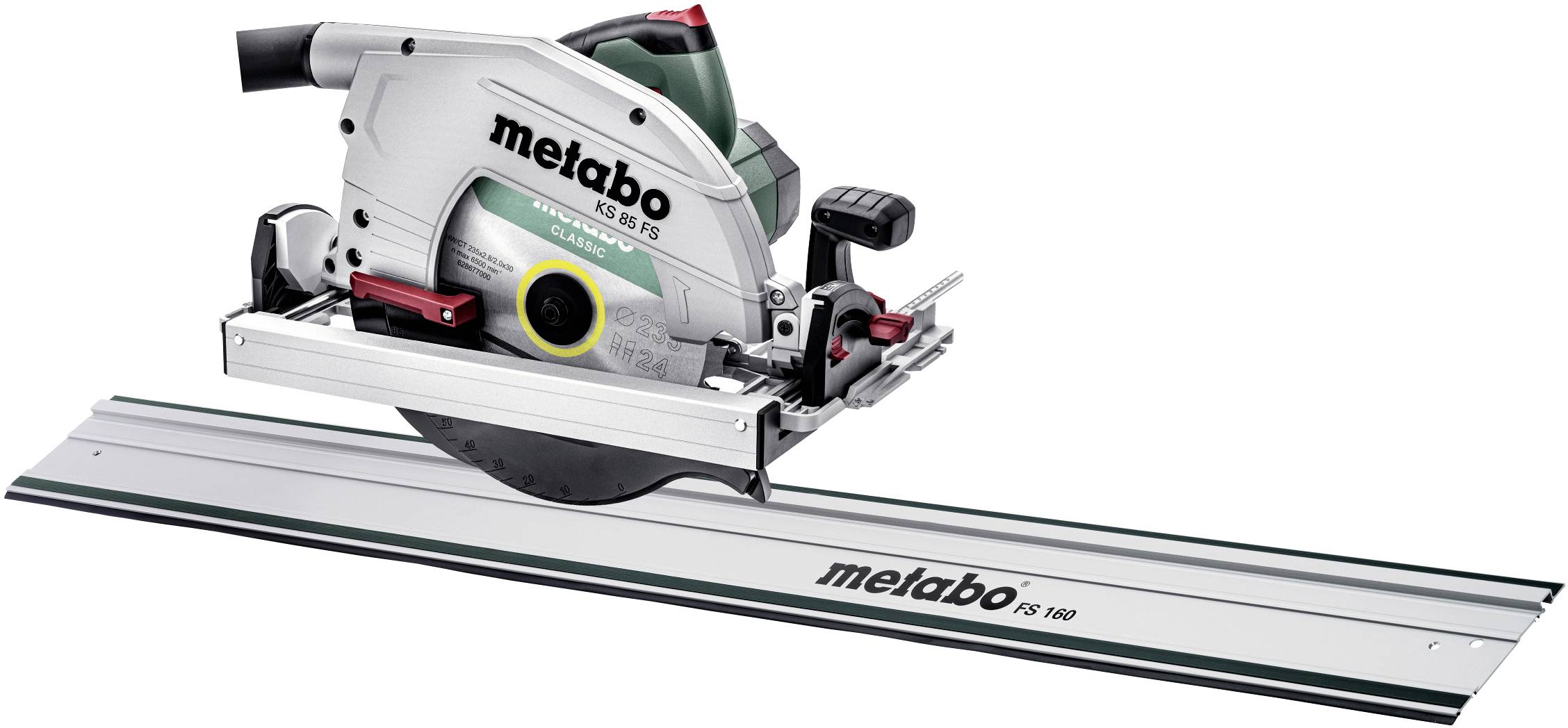 Kreissäge von Metabo auf Führungsschiene, geeignet für präzise Schnitte in Holz und andere Materialien.