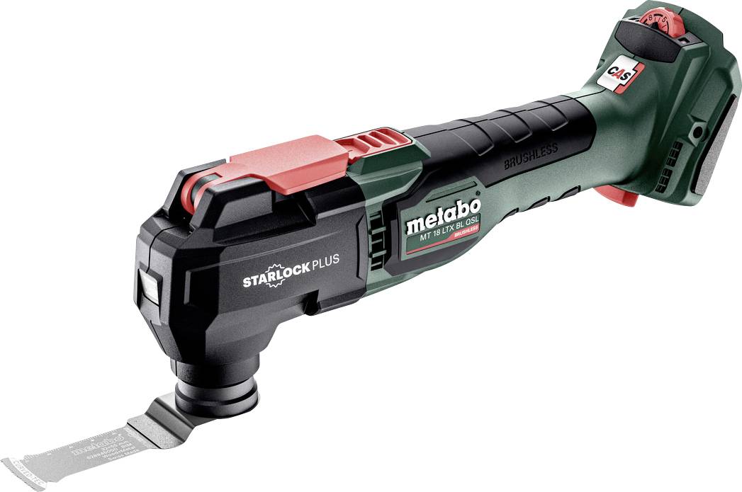 Kabelloses oszillierendes Multitool mit Blattaufsatz, gezeigt in Grün und Schwarz mit Metabo-Branding.