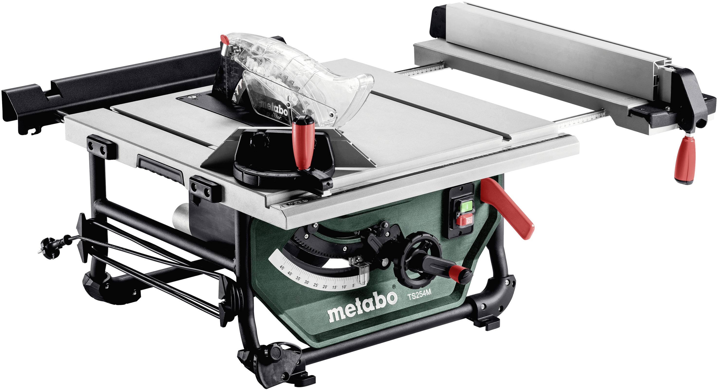 Metabo Tischkreissäge mit grünem Gehäuse, rotem Schalter und Winkeleinstellskala.