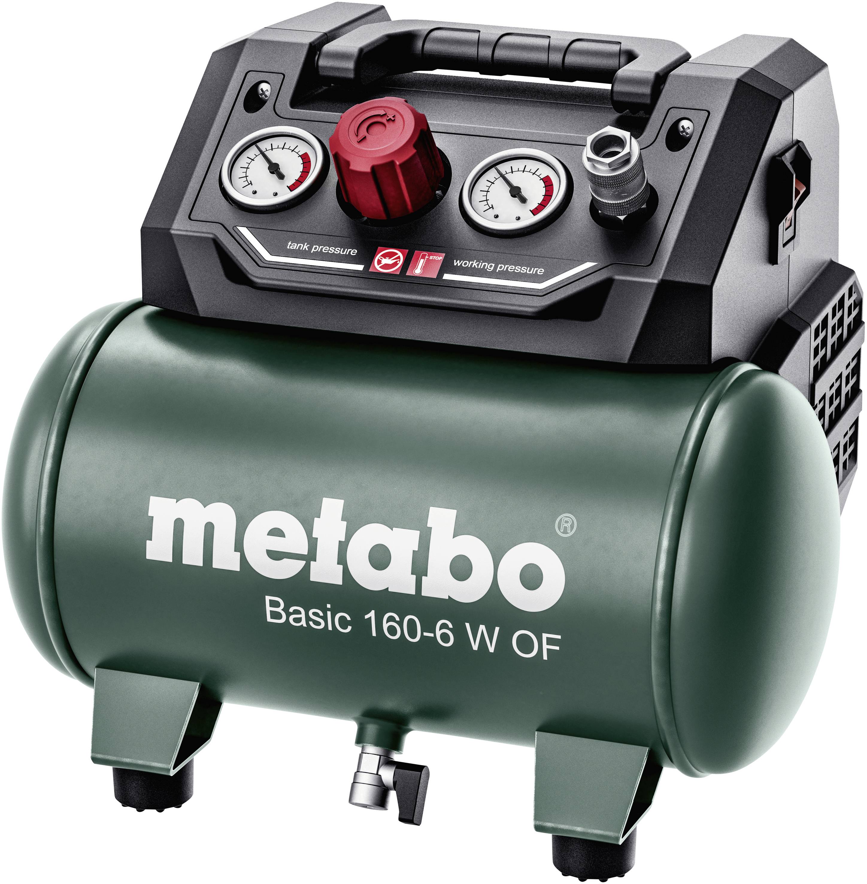 Ein grüner Kompressor der Marke 'Metabo', Modell 'Basic 160-6 W OF', mit zwei Manometern und einem roten Regelventil auf der Oberseite.