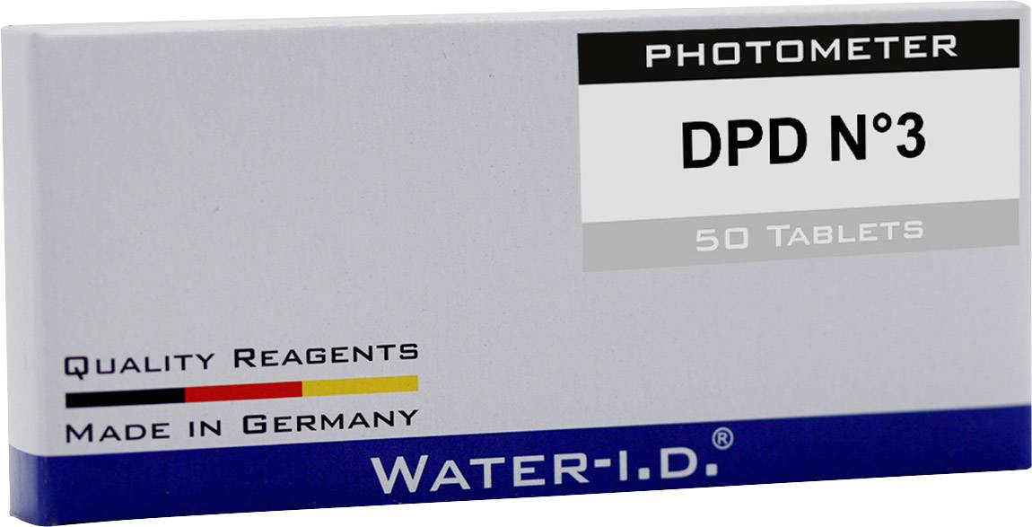 Schachtel mit der Aufschrift 'PHOTOMETER DPD N°3, 50 TABLETS, QUALITY REAGENTS, MADE IN GERMANY, WATER-I.D.'.