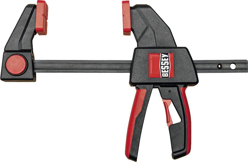 Eine schwarze Einhandzwinge mit roten Griffen und Backen. Auf dem Griff steht 'Bessey'. Sie dient zum Fixieren von Materialien.