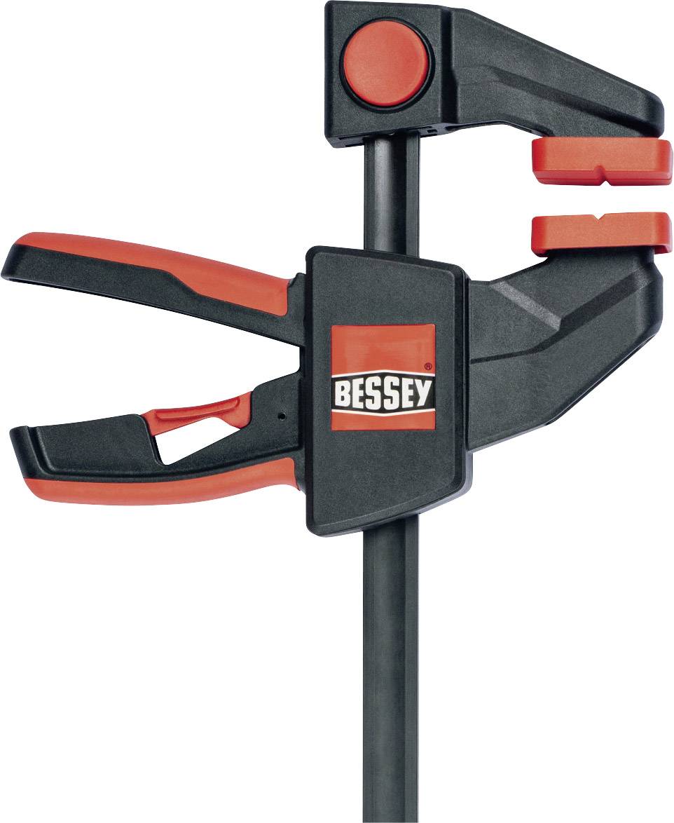 Tischklemme mit rotem und schwarzem Design, Markenname 'Bessey' aufgedruckt, zum Befestigen von Werkstücken an einer Arbeitsfläche.