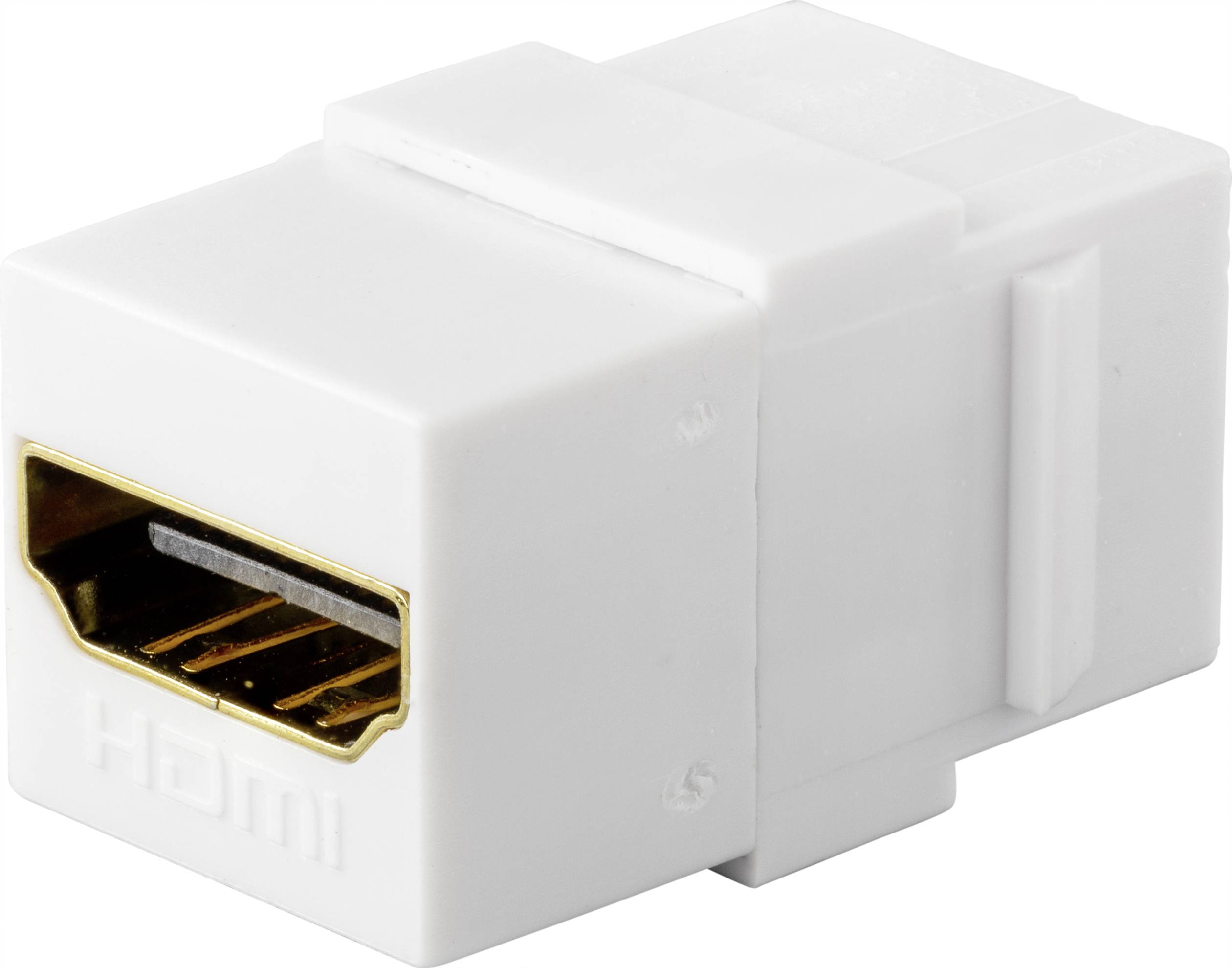 Ein weißer HDMI-Adapter mit einem HDMI-Port an einer Seite. Somit können HDMI-Kabel durch Verbindung mit dem Adapter verlängert werden.