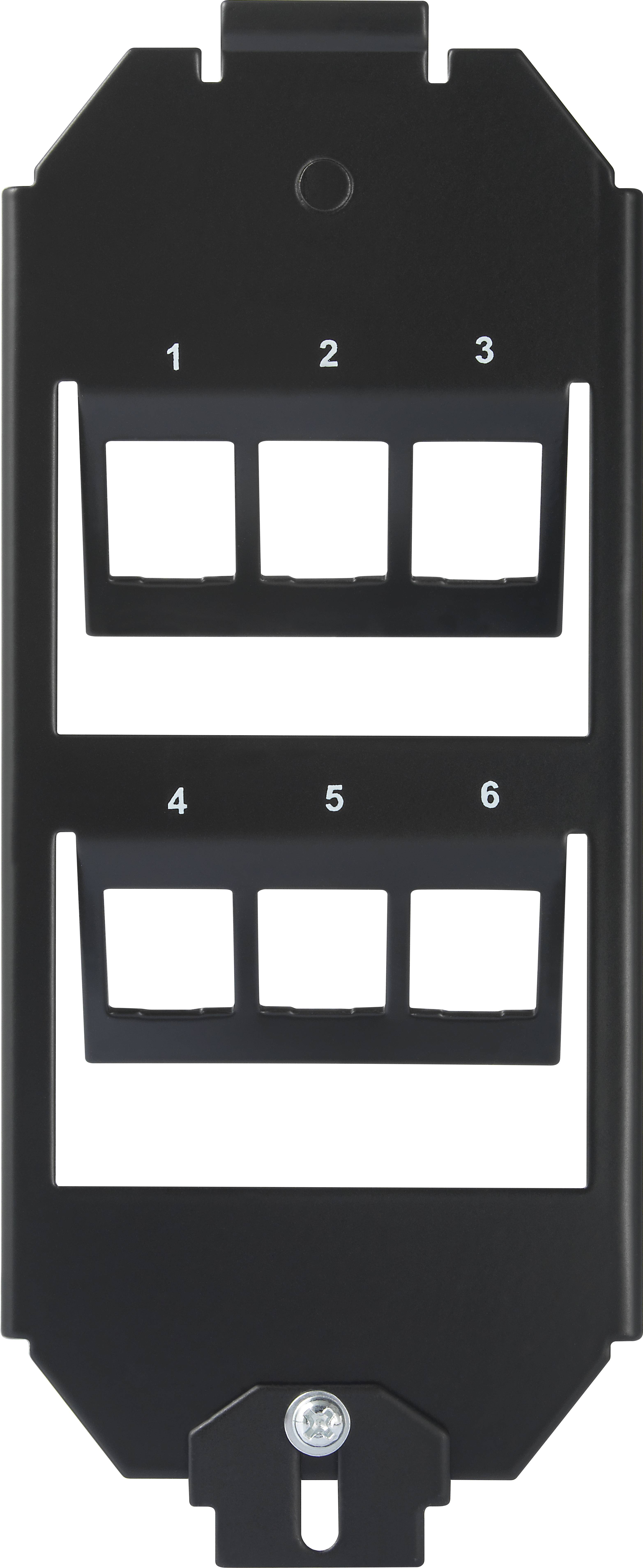Schwarze 6-fach Keystone-Blindabdeckung, nummeriert von 1 bis 6, zur Befestigung von bis zu sechs Steckverbindern in einem Patchpanel.
