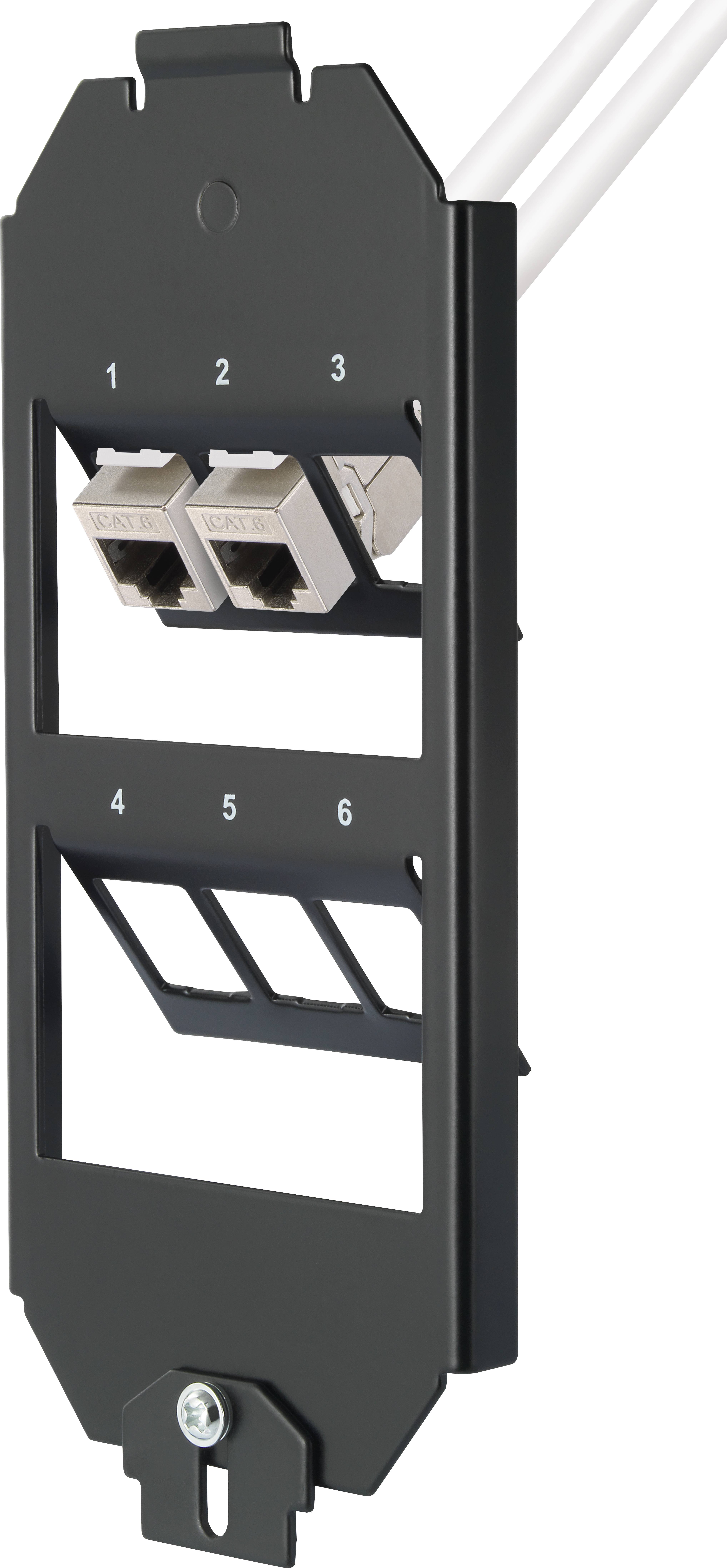 Ein schwarzer Kabelhalter mit sechs nummerierten Löchern und zwei installierten Netzwerkanschlüssen an den Positionen 1 und 2.