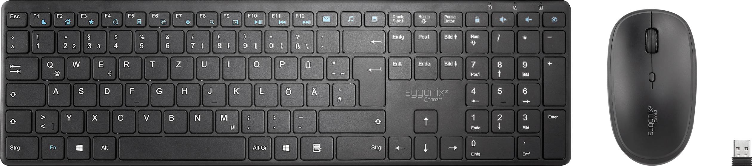 Sygonix Connect SC-KMC-200 Kabellos Nummernblock, Maus-Set Multimediatasten Deutsch, QWERTZ Schwarz