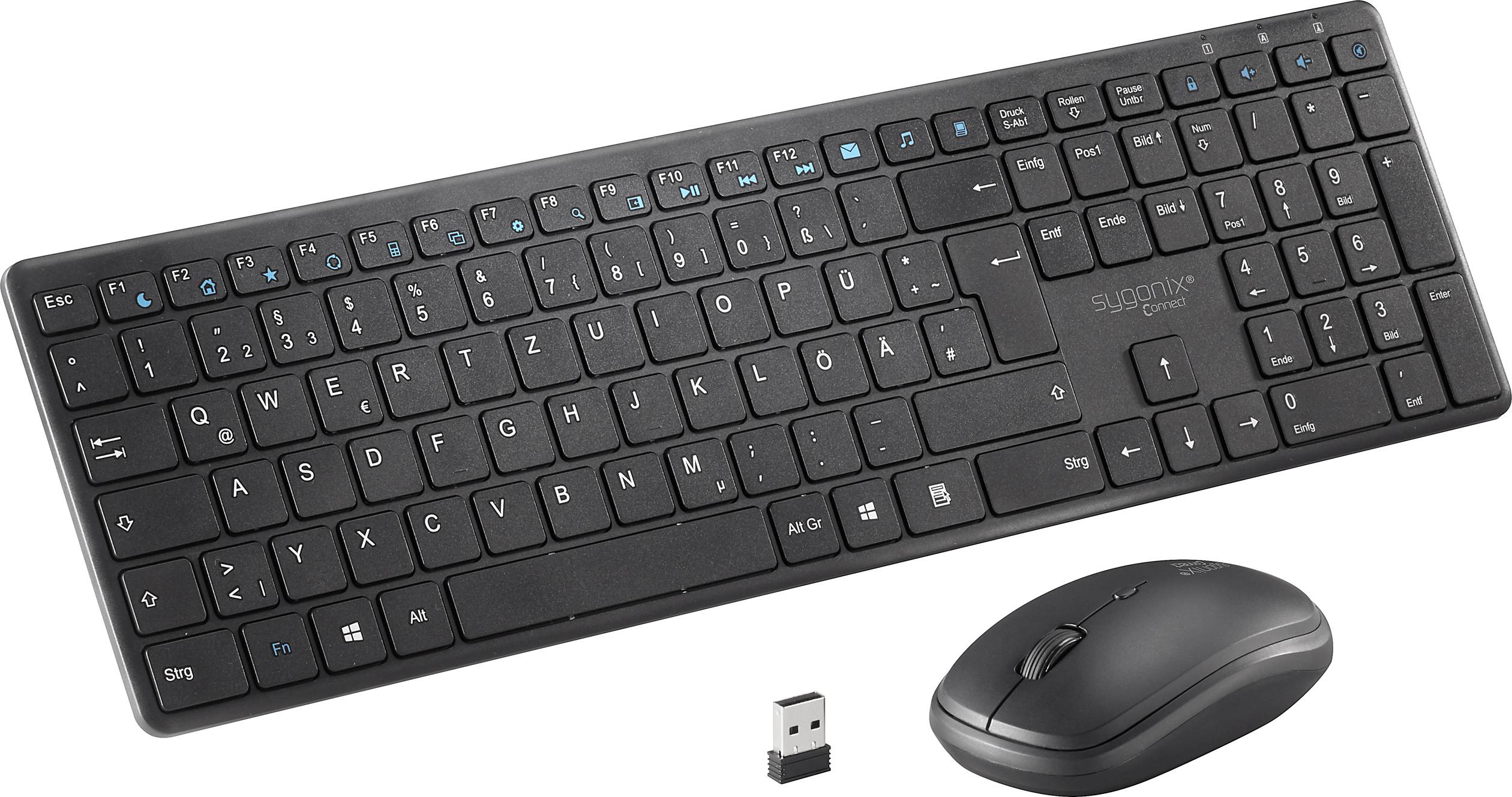 Sygonix Connect SC-KMC-200 Kabellos Nummernblock, Maus-Set Multimediatasten Deutsch, QWERTZ Schwarz