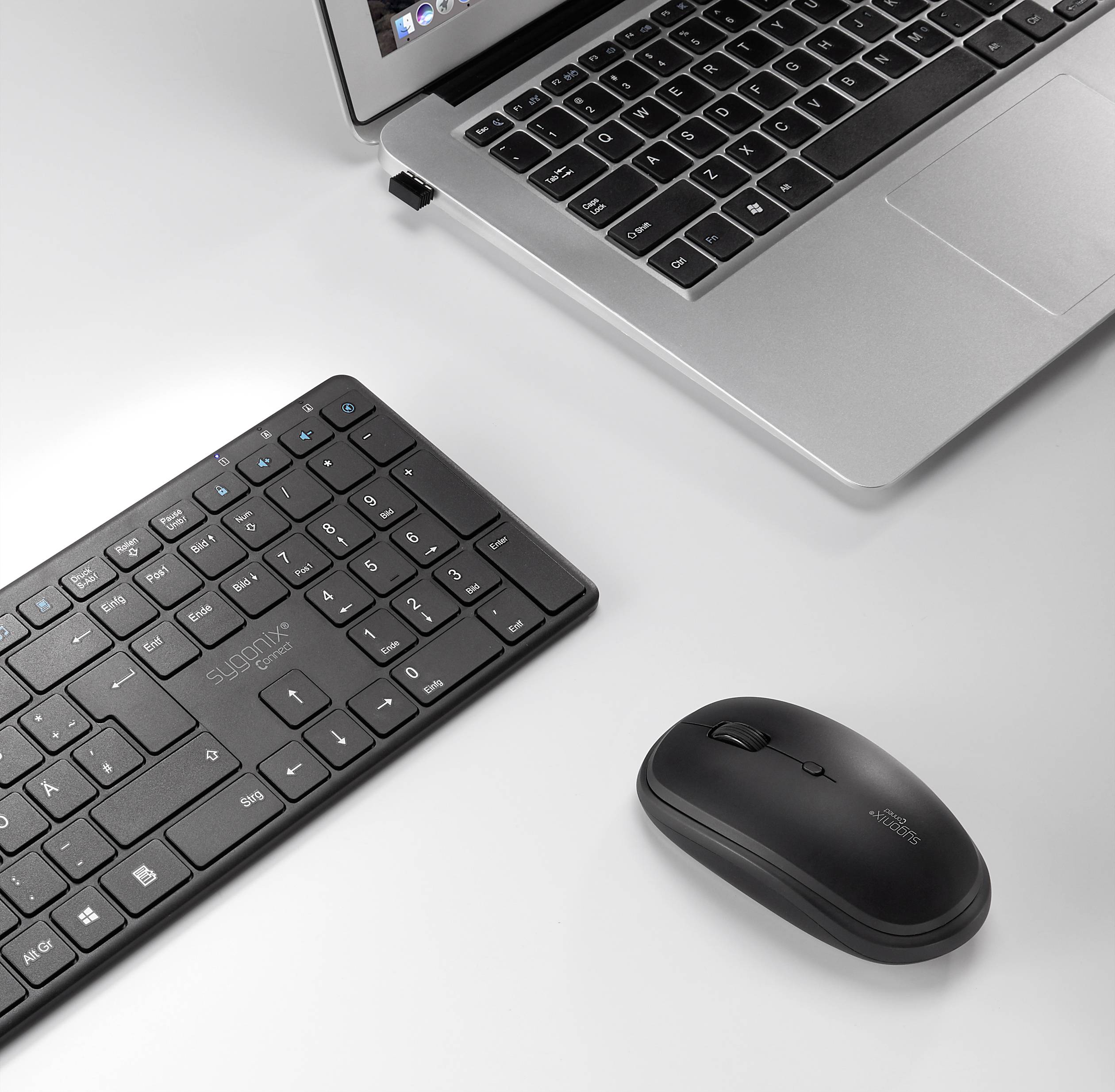 Sygonix Connect SC-KMC-200 Kabellos Nummernblock, Maus-Set Multimediatasten Deutsch, QWERTZ Schwarz