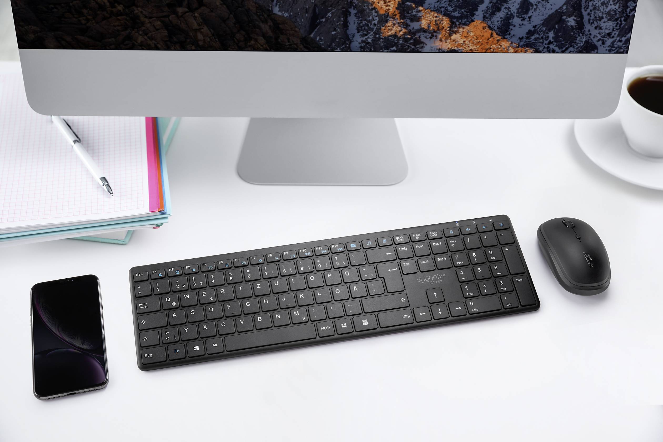 Sygonix Connect SC-KMC-200 Kabellos Nummernblock, Maus-Set Multimediatasten Deutsch, QWERTZ Schwarz