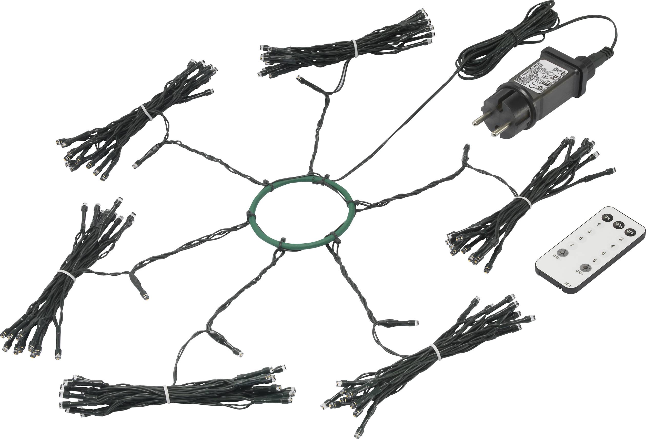 Lichterkette mit mehreren Strängen und Stecker, inklusive Fernbedienung, in sternförmiger Anordnung um einen grünen Ring.