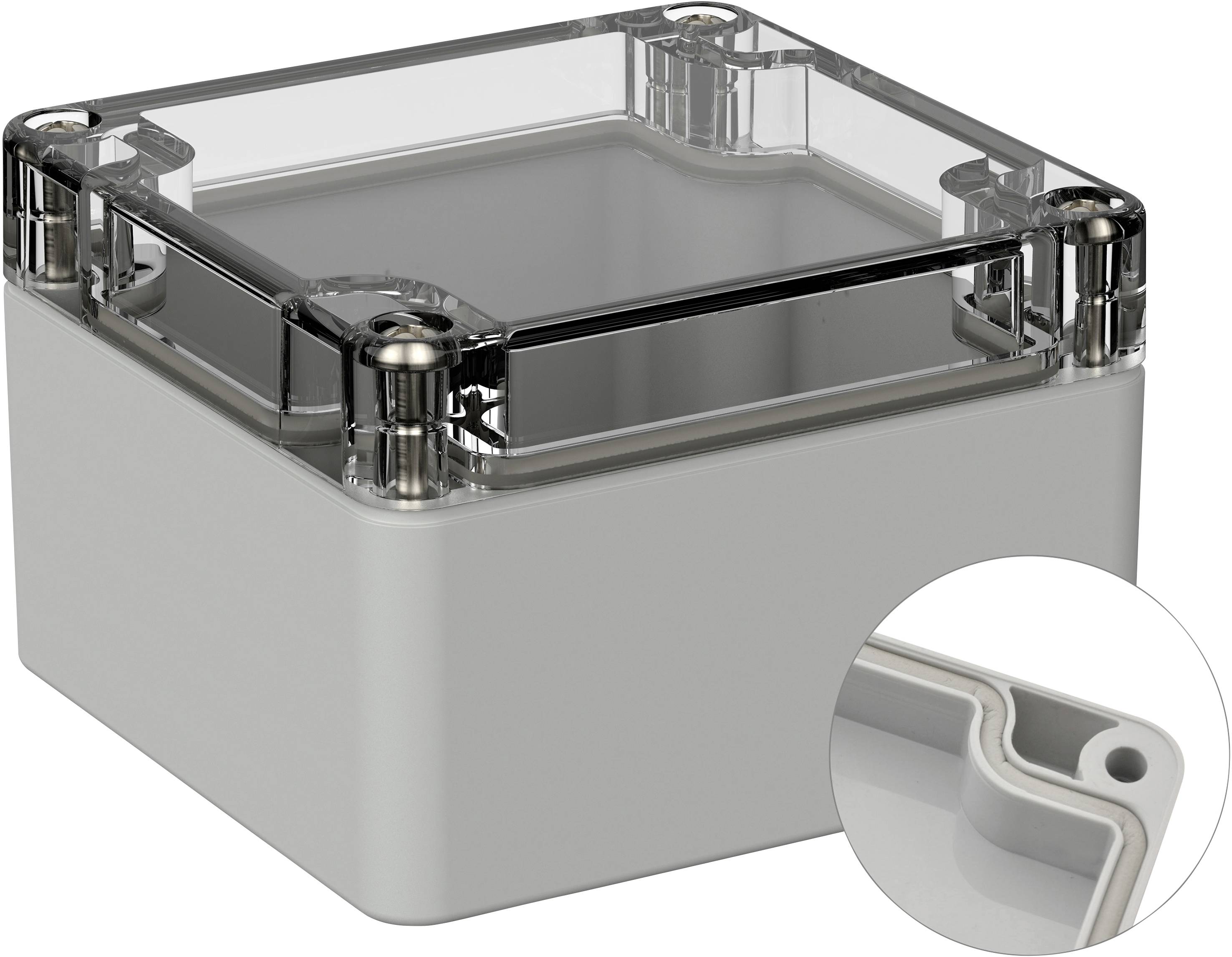 Eine graue, quadratische Kunststoffbox mit durchsichtigem Deckel wird gezeigt. Detailansicht des Gummidichtungsprofils.