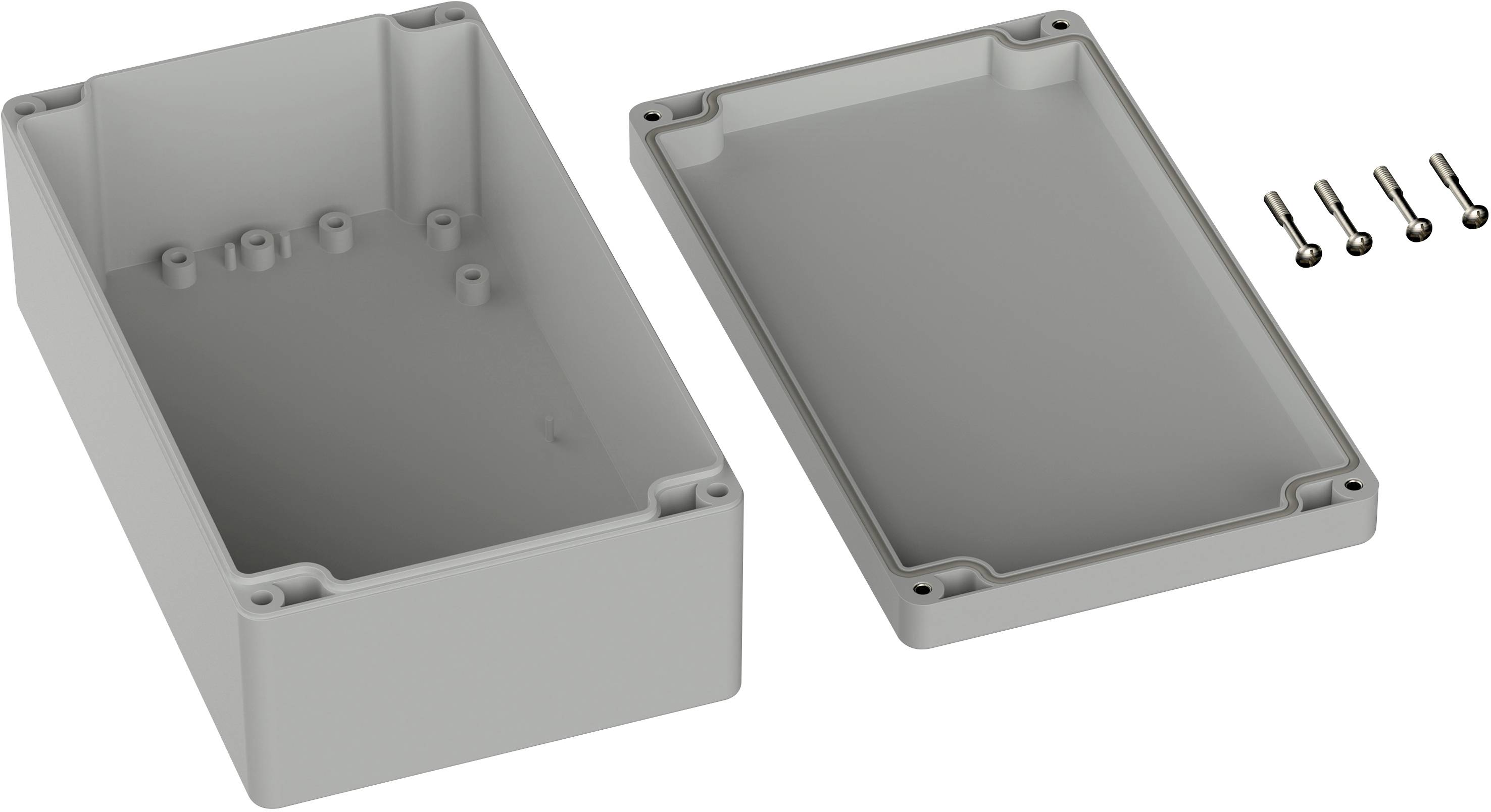 Rechteckiges graues Gehäuse mit abgenommener Abdeckung, daneben liegen fünf Schrauben.