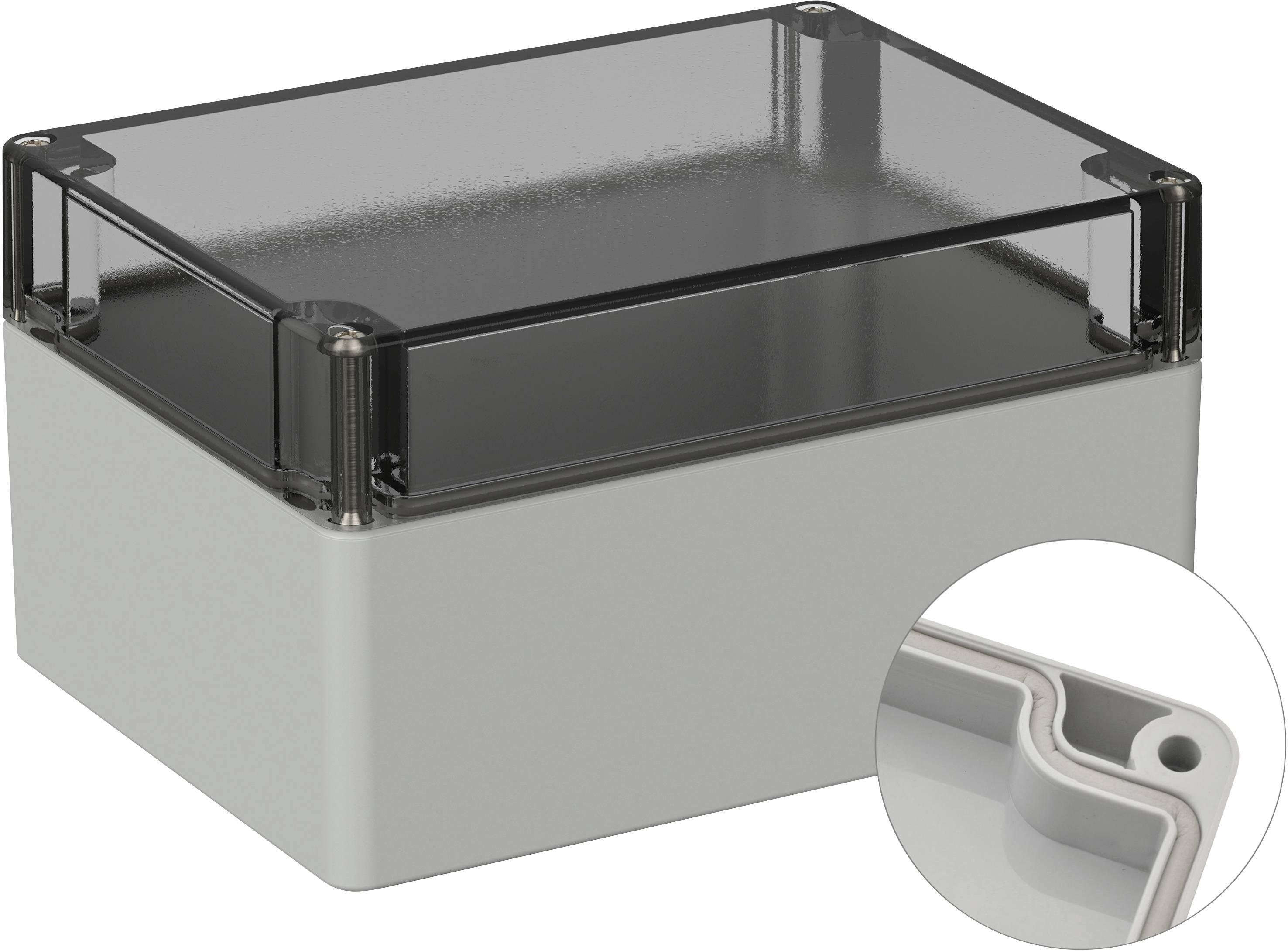 Gehäuse aus grauem Kunststoff mit transparenter, abnehmbarer Abdeckung. Detailansicht zeigt Dichtung im Gehäusedeckel für Abdichtung.