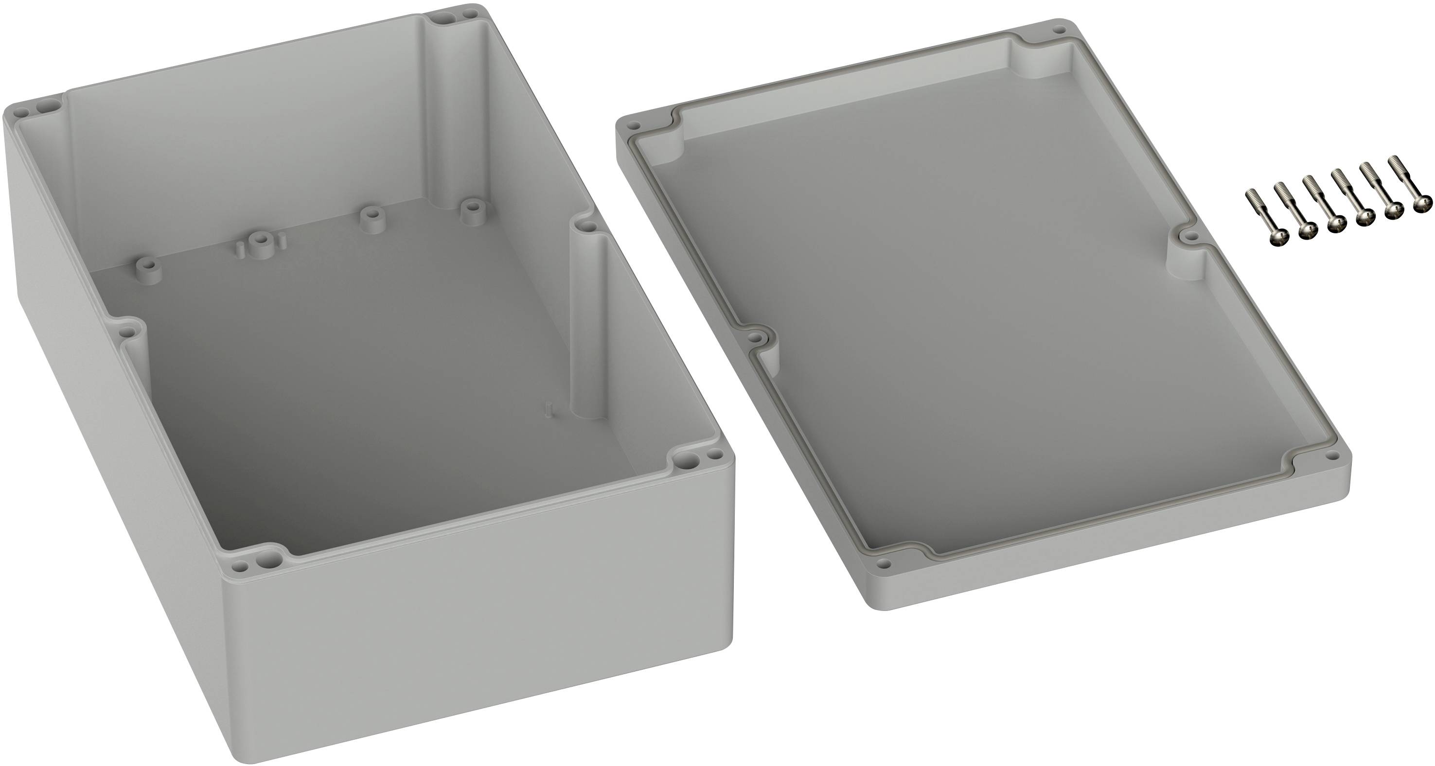 Gehäuse aus Kunststoff, bestehend aus einer Box und einem abnehmbaren Deckel, daneben sechs Schrauben. Geeignet für Elektronik-Projekte.