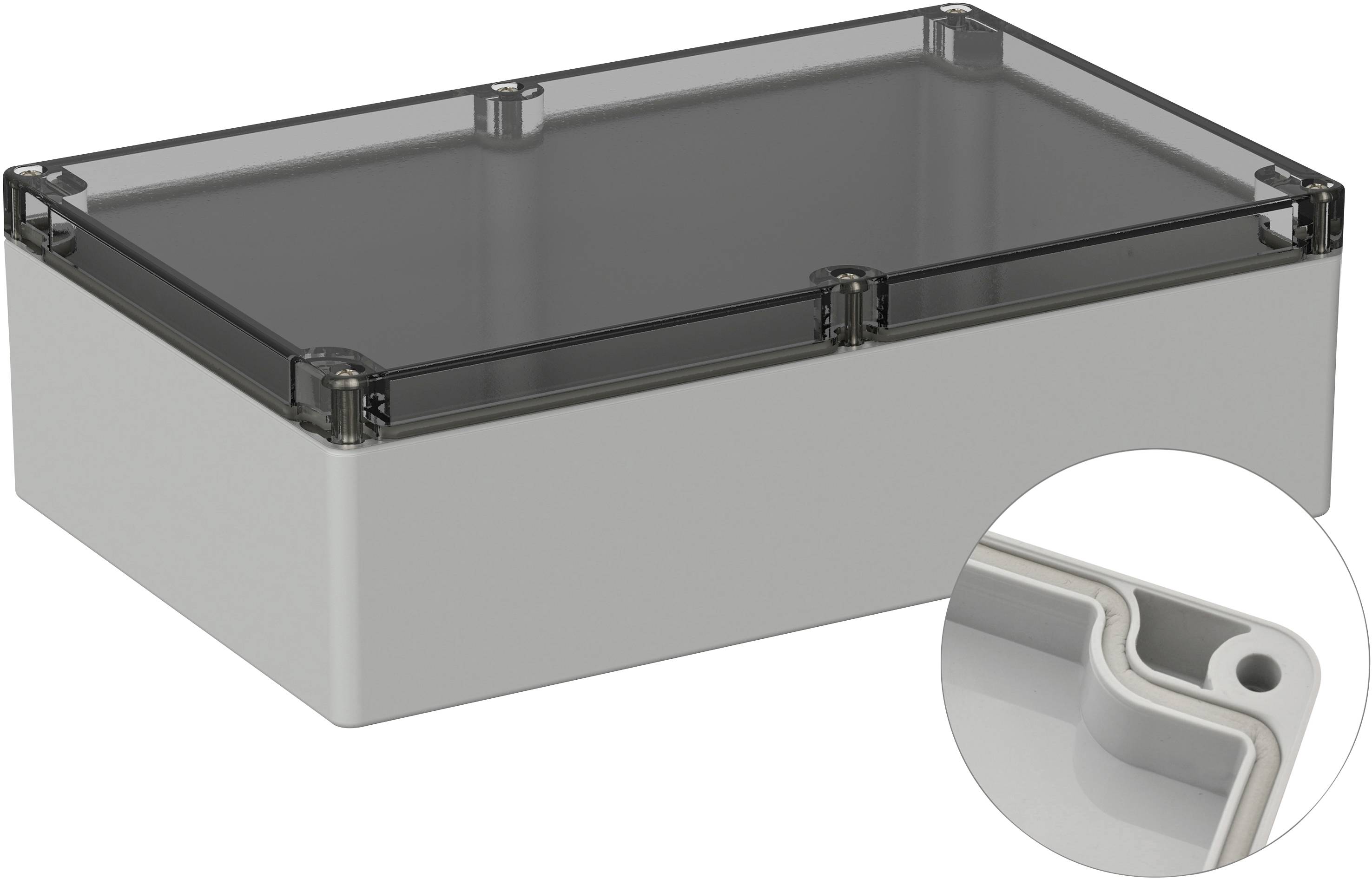 Rechteckiges graues Gehäuse mit transparentem Deckel. Ein runder Ausschnitt zeigt Details der Kante und der Schraubenöffnung.