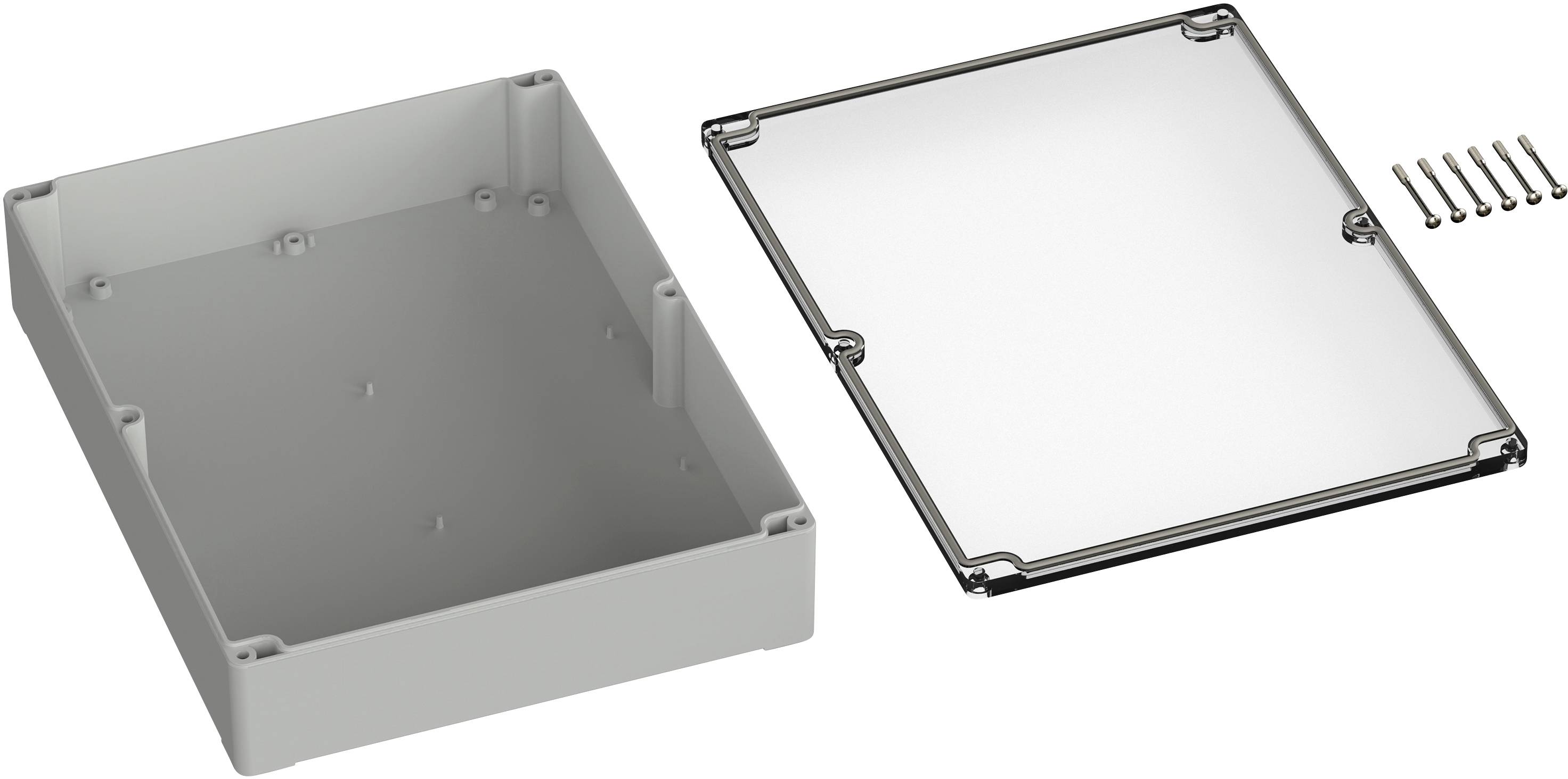 Graues rechteckiges Gehäuse mit abnehmbarem transparentem Deckel und fünf Schrauben, geeignet für elektronische Bauteile.