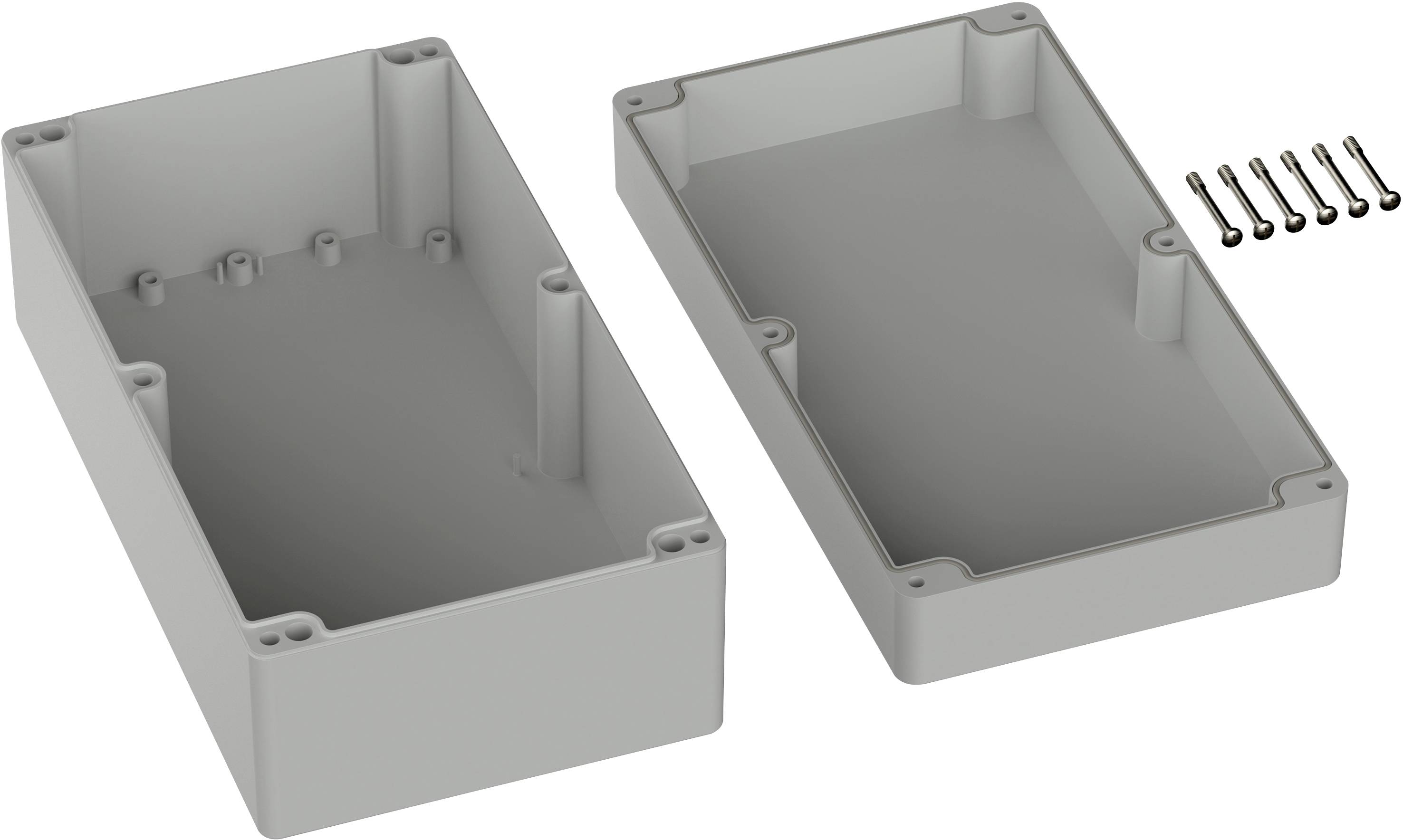 Gehäuse aus zwei abnehmbaren Teilen mit Schrauben; rechteckige Form, grau, geeignet für elektronische Bauteile.