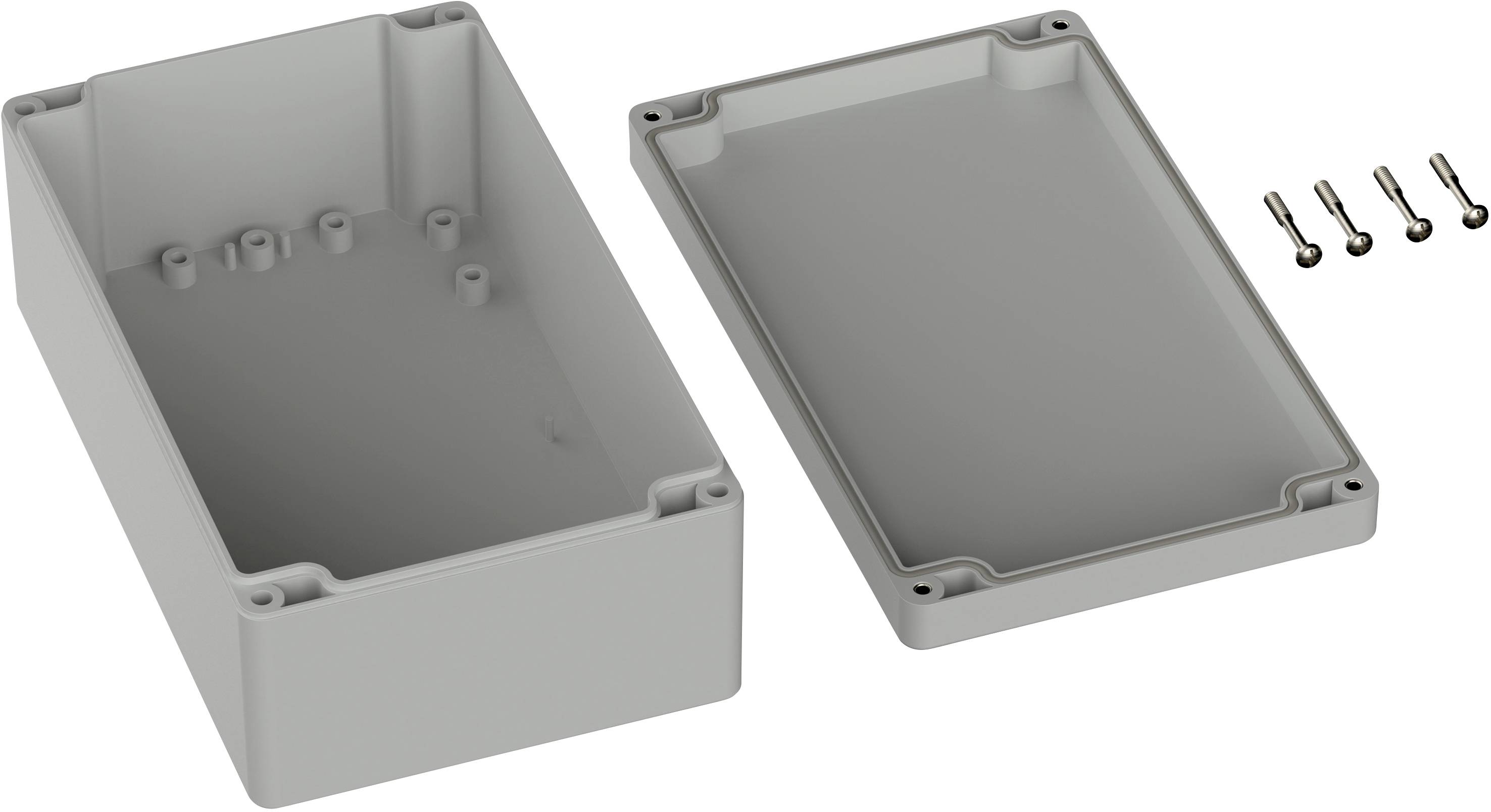 Ein rechteckiges, graues Kunststoffgehäuse mit abnehmbarem Deckel und sechs Schrauben. Geeignet zur Elektronikmontage.