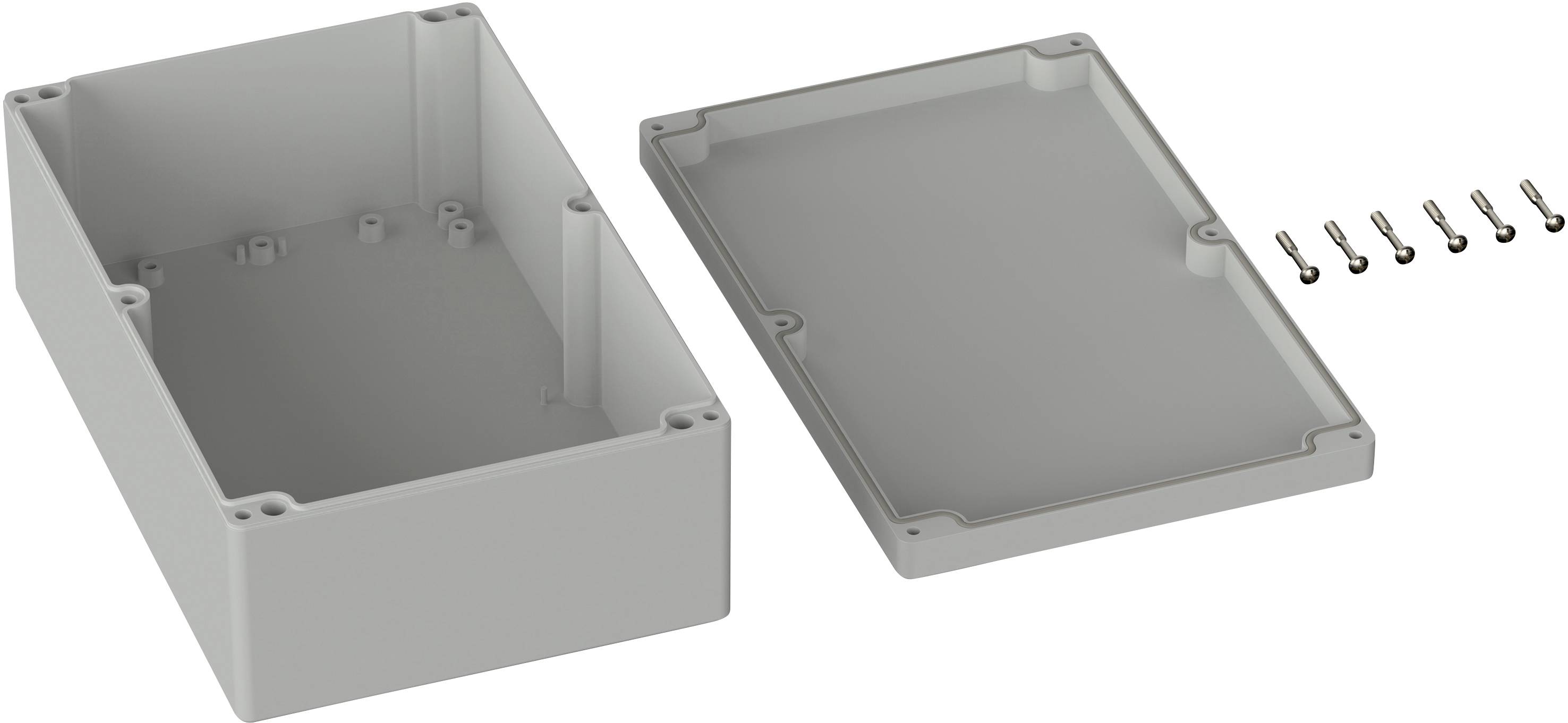 Gehäuse aus Kunststoff, bestehend aus einer Basis und einem abnehmbaren Deckel, neben sechs Schrauben zur Befestigung des Deckels.