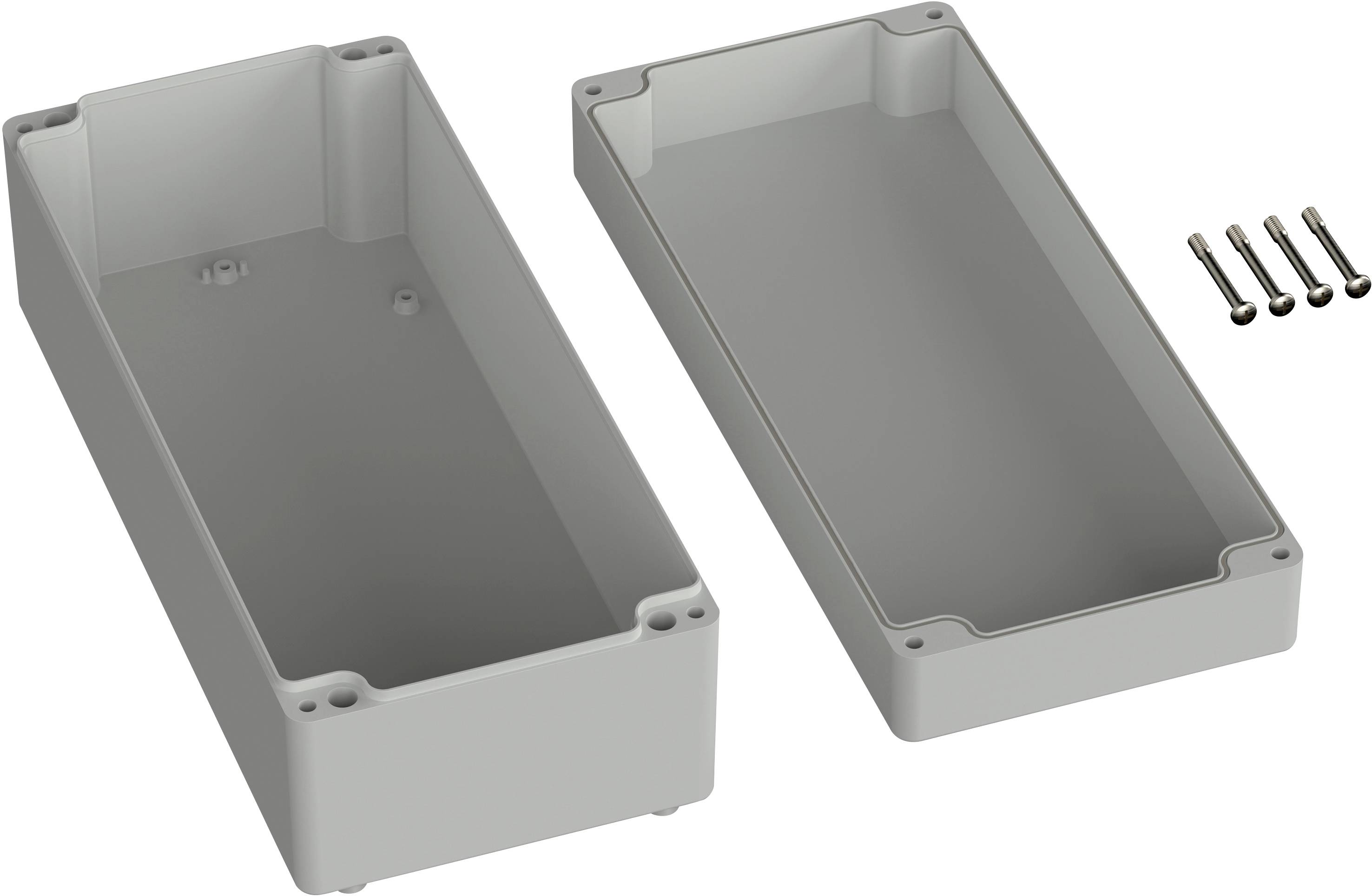 Graues, rechteckiges Gehäuse in zwei Teilen, mit abnehmbarem Deckel. Vier Schrauben zum Verschließen des Gehäuses liegen daneben.