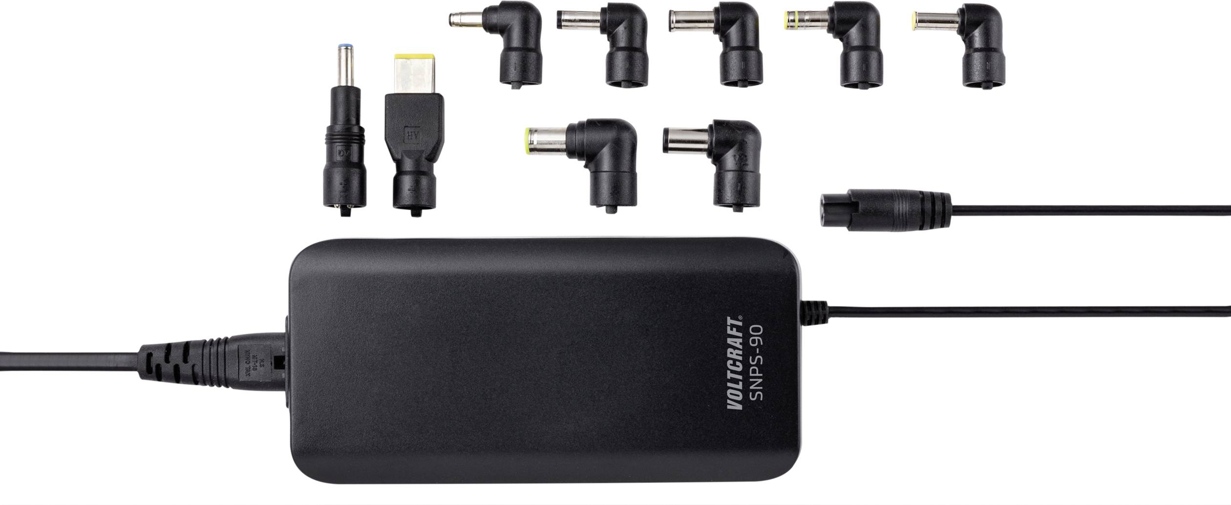 Ein Universalnetzteil mit acht austauschbaren Anschlüssen für verschiedene elektronische Geräte, zeigt Vielfalt an Anschlussmöglichkeiten.