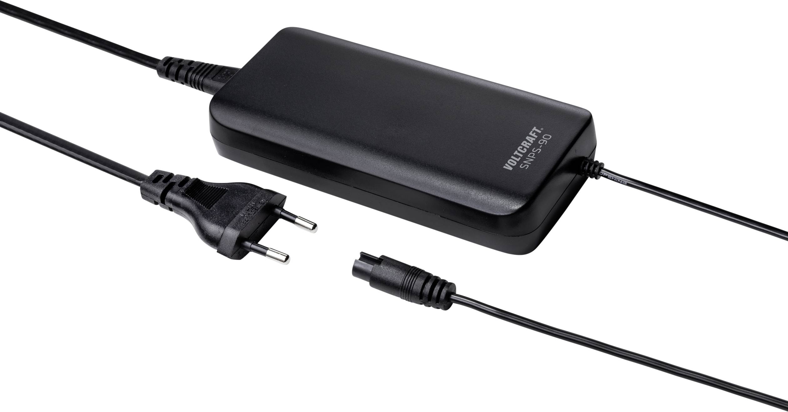 Schwarzes Netzteil mit Kabel und EU-Stecker für elektronische Geräte. Verfügt über einen runden Ausgangsanschluss.