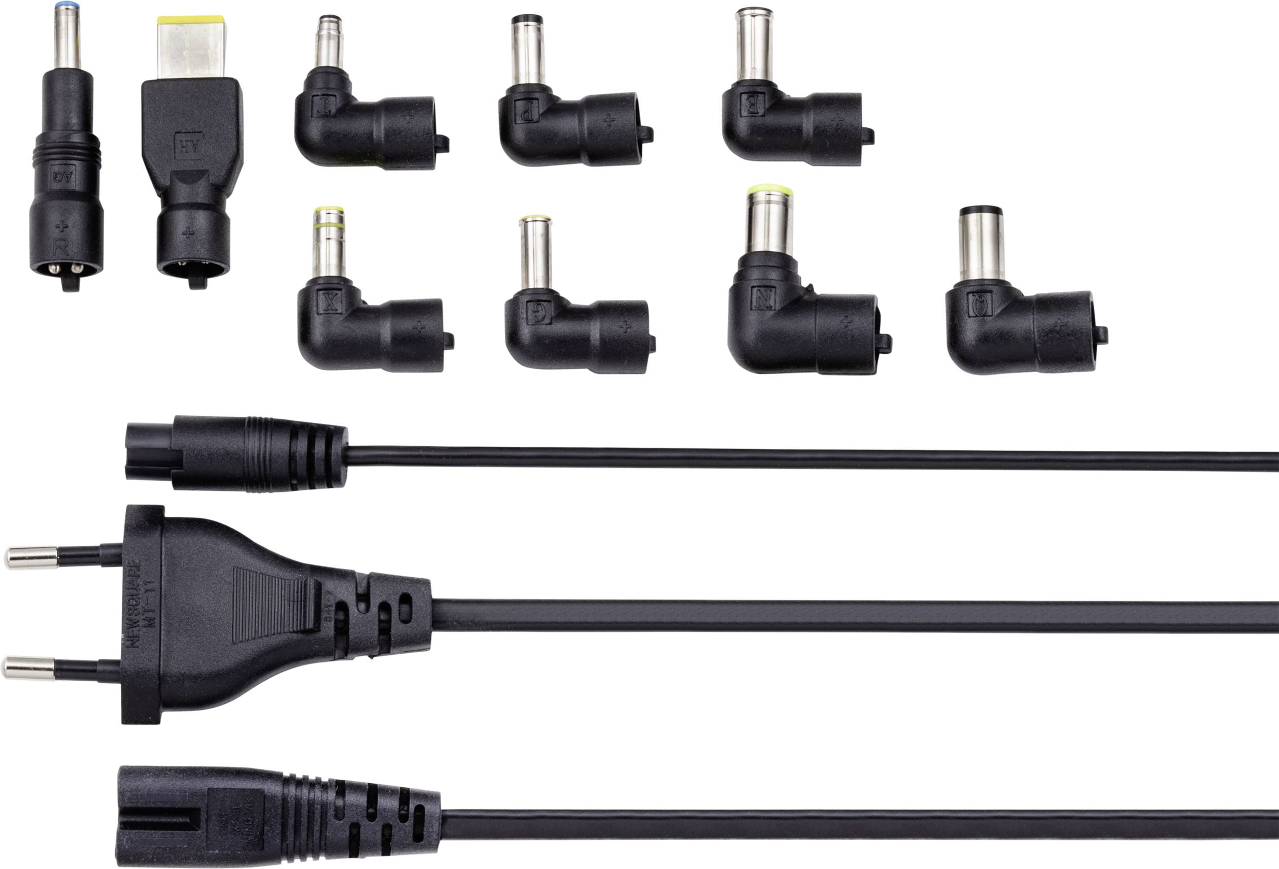 Verschiedene schwarze Adapter und Stecker für Ladegeräte auf weißem Hintergrund angeordnet. Enthält europäische Stecker und verschiedene Adaptergrößen.