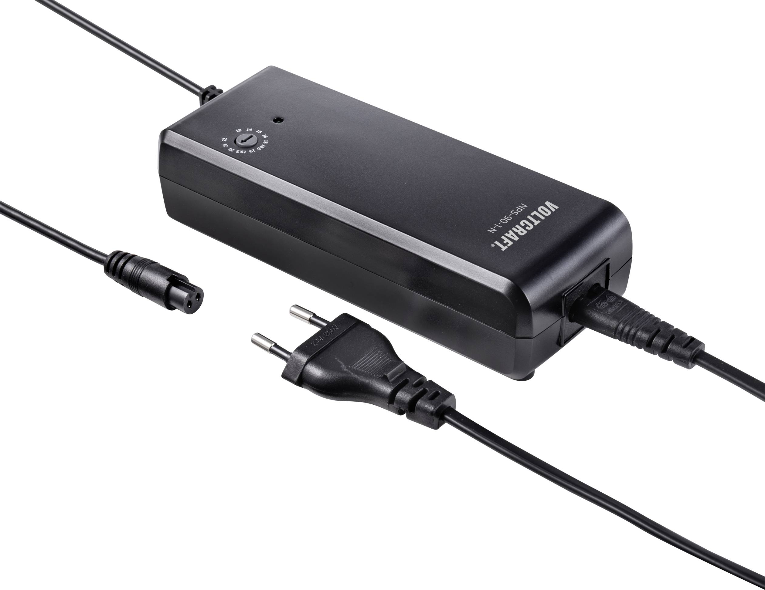 Netzteil mit Kabel, EU-Stecker und Übersichtsskala. Dient zur Stromversorgung elektronischer Geräte.