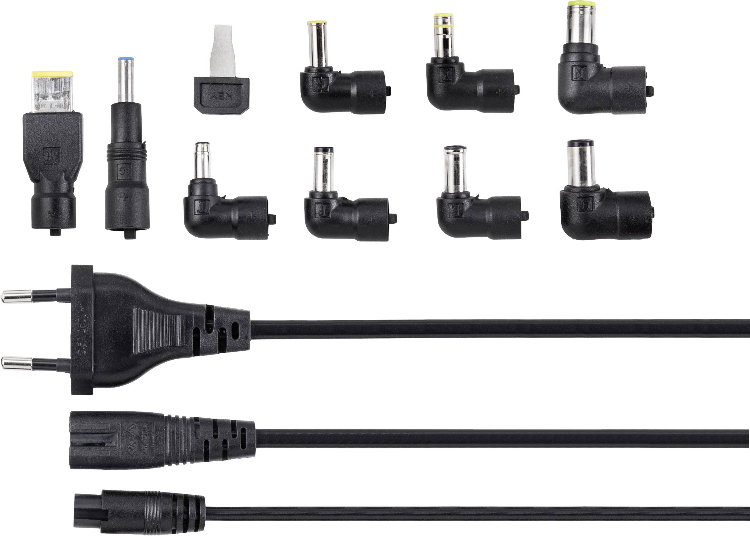 Ein Set von verschiedenen Adaptersteckern und Stromkabeln. Oben sind mehrere Adapterspitzen zu sehen, unten verschiedene Kabelstecker.