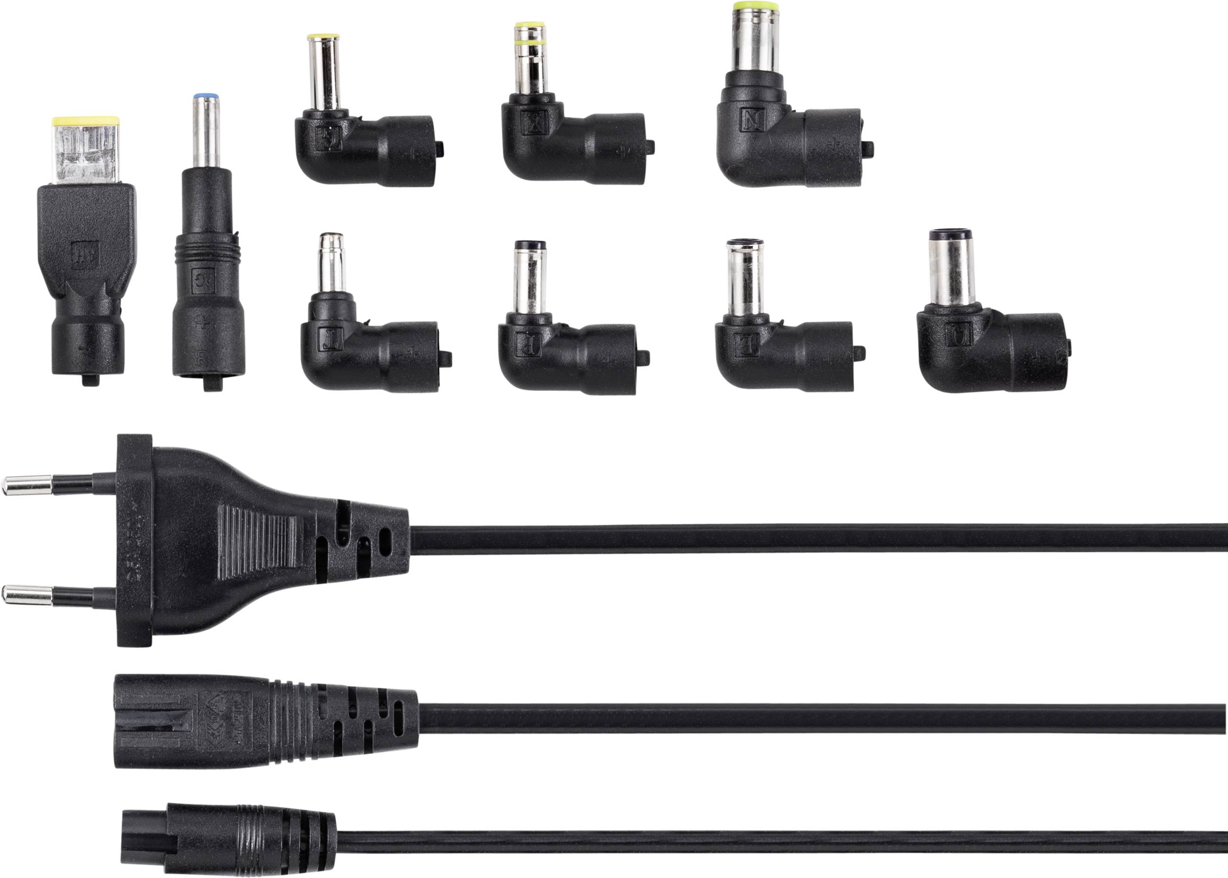 Verschiedene schwarze Stromadapterstecker und Kabel in unterschiedlichen Formen und Größen auf weißem Hintergrund.