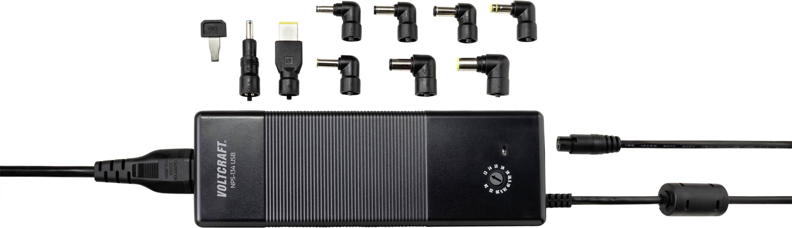 Spannungsadapter mit mehreren austauschbaren Anschlüssen und Einstellungsmöglichkeit, geeignet für verschiedene Geräte.