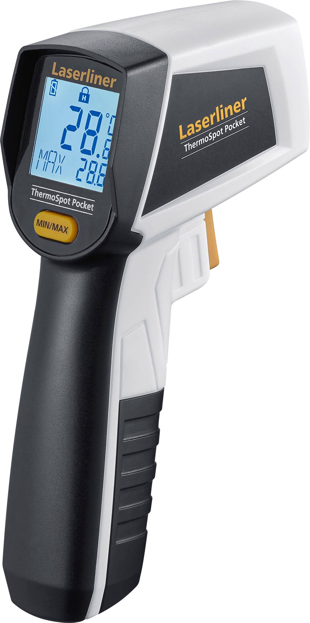Handliches Infrarot-Thermometer mit Displayanzeige von 28,9°C, zeigt MIN/MAX-Wert, Markenname 'Laserliner'.
