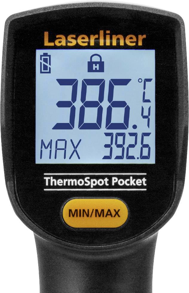 Ein digitales Infrarot-Thermometer zeigt 38,6°C an. Maximale Temperatur 39,2°C. Anzeigebildschirm mit Batteriestatus und Messsperre.