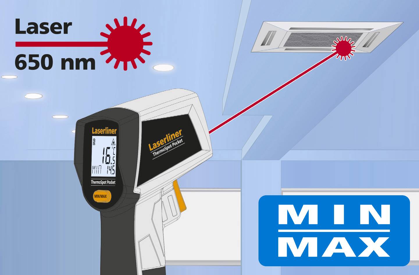 Ein Infrarot-Thermometer misst die Temperatur eines Belüftungsschachts. Ein roter Laserstrahl zeigt auf den Schacht.