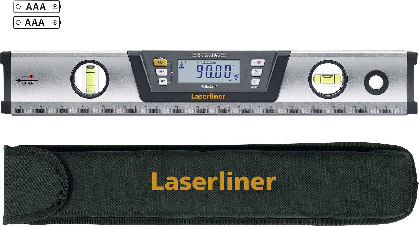 Digitaler Winkelmesser mit Laserfunktion, LCD-Display zeigt '90.0°', zwei Libellen, Batteriefach, inklusive Tragetasche mit 'Laserliner'-Logo.