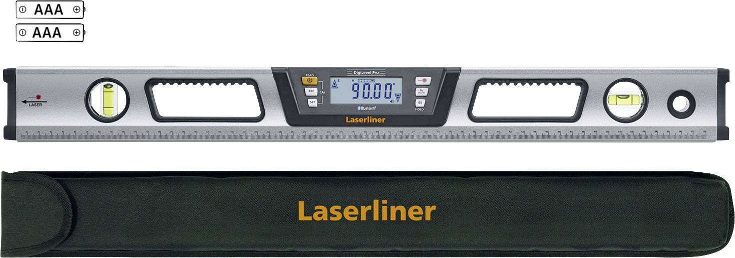 Digitale Wasserwaage mit LCD-Bildschirm; zeigt '90.0°' an. Silbernes Gehäuse mit gelben Libellen. Markierung 'Laserliner'. Enthält Schutztasche.