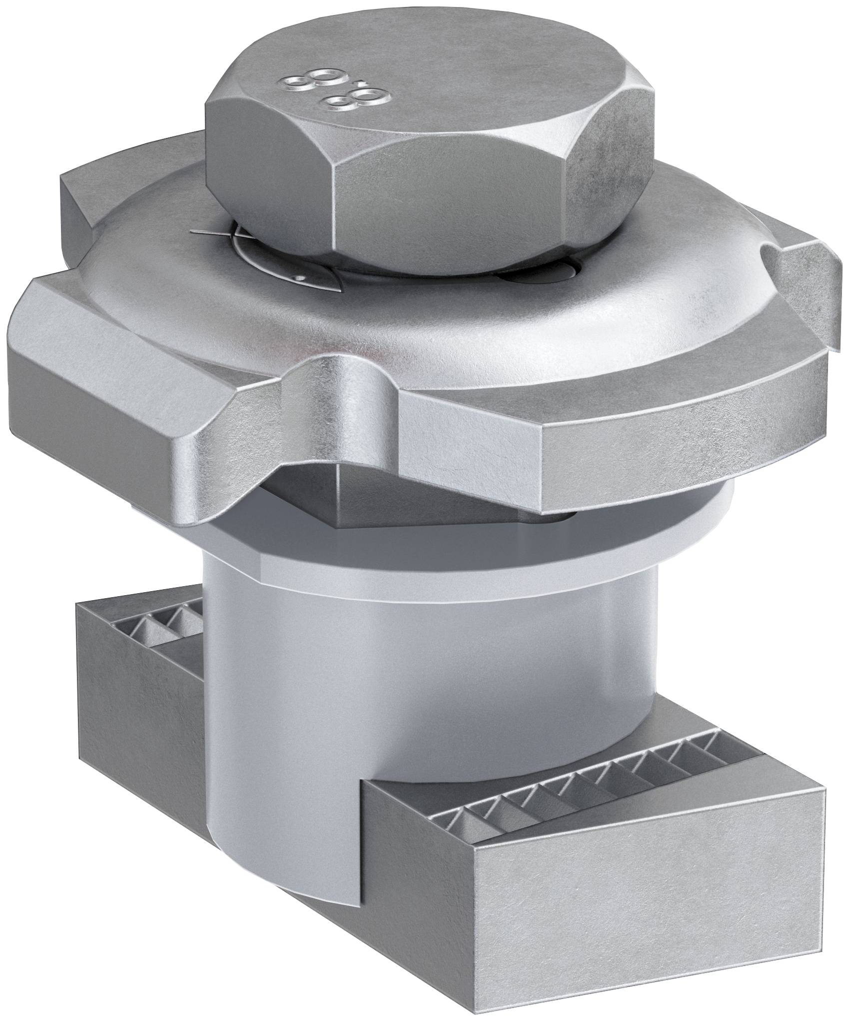 3D-Rendering einer Metallbefestigung mit einer großen Sechskantmutter oben, dargestellt als silberne Industriekomponente auf weißem Hintergrund.
