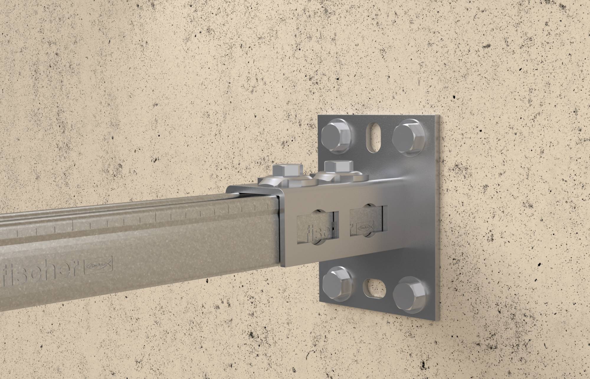 Metallträger an einer Betonwand befestigt mit großen Schrauben und Halterungen. Der Träger verläuft schräg von rechts nach links unten.