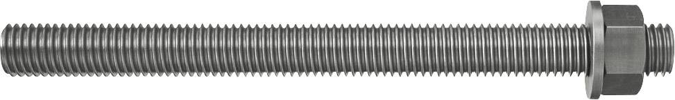 Stahlgewindeschraube mit Sechskantmutter, in horizontaler Ausrichtung gezeigt. Die Gewindeschraube ist lang und metallisch.