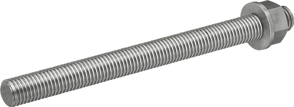 Ein langer, silberner Gewindestab mit daran befestigter Sechskantmutter, auf weißem Hintergrund.